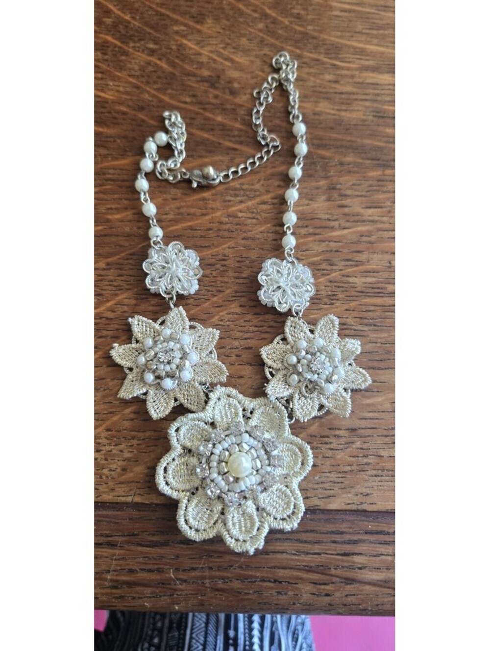 Unbranded Beige Fabric Faux Pearl & Rhinestones Boho Statement Collar Necklace